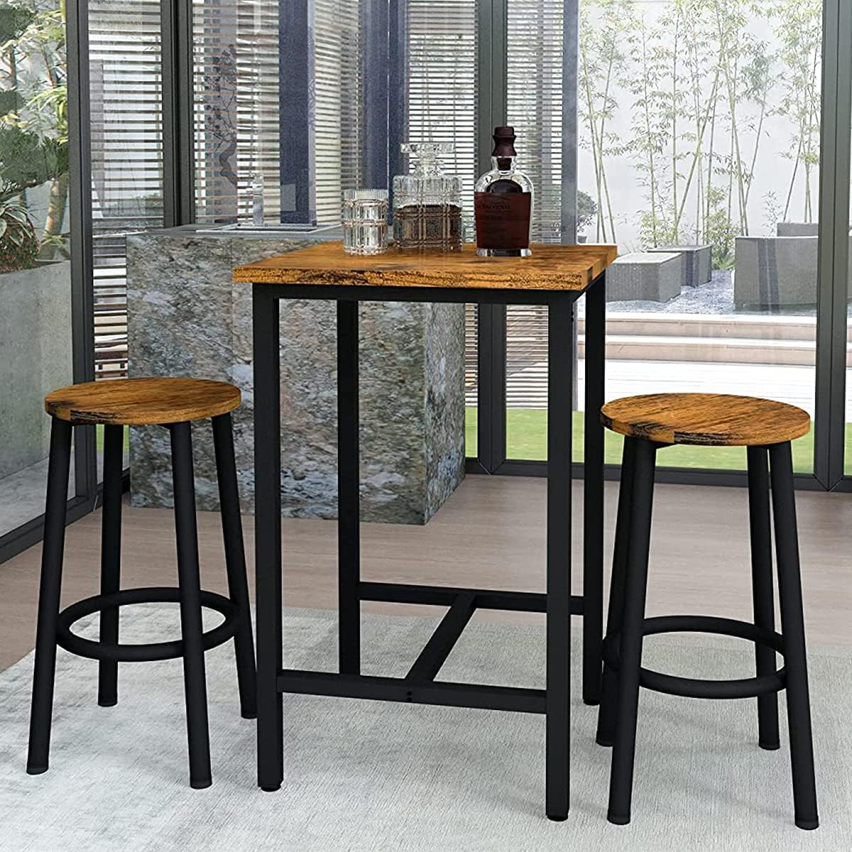 Recaceik 3 Piece Pub Dining Set, Modern bar Table and Stools for 2 Kitchen  Counter Height Wood Top Bistro Easy Assemble for Breakfast Nook Living Room  Small Space Restaurant, Rustic Brown 24”