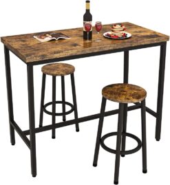 Recaceik 3 Piece Pub Dining Set, Modern bar Table and Stools for 2 Kitchen Counter Height Wood Top Bistro Easy Assemble for Breakfast Nook Living Room Small Space Restaurant, Rustic Brown 39”