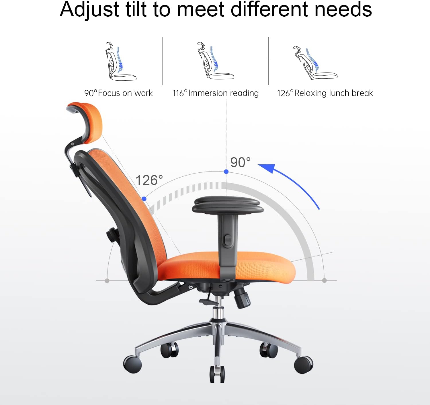 SIHOO M18 Ergonomic Office Chair for Big and Tall People Adjustable  Headrest with 2D Armrest Lumbar Support and PU Wheels Swivel Tilt Function  Orange