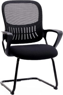 SMUG Desk Chair No Wheels, Mid Back Computer Chair Ergonomic Mesh Office Chair with Larger Seat, Executive Sled-Base Task Chair with Lumbar Support and Armrests for Women Adults, Black