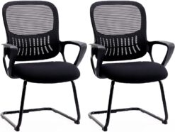 SMUG Desk Chair No Wheels Set of 2, Mid Back Computer Chair Ergonomic Mesh Office Chair with Larger Seat, Executive Sled-Base Task Chair with Lumbar Support and Armrests for Women Adults, Black