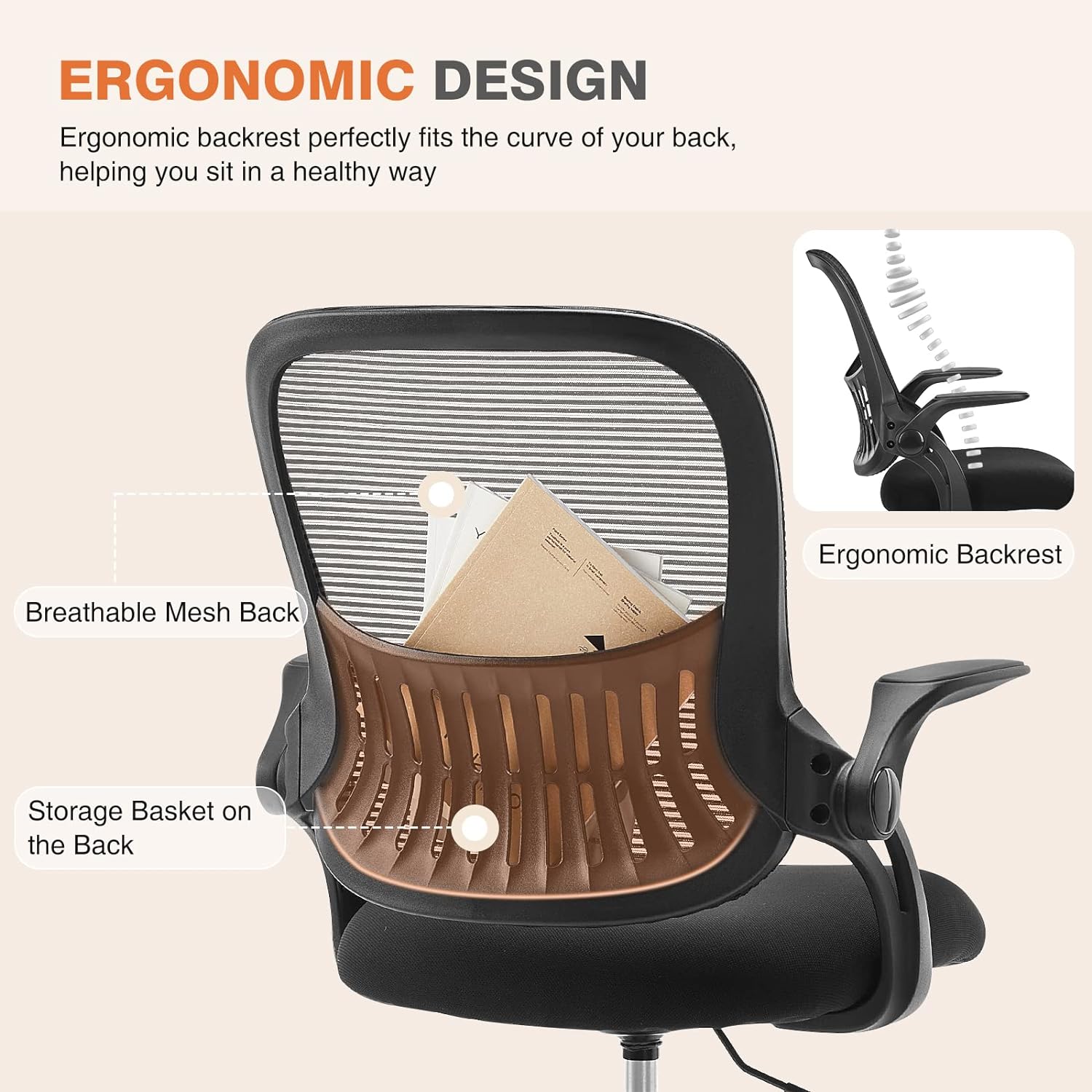 Breathable Mesh Desk Chair, Lumbar Support With Flip-Up Arms, 1
