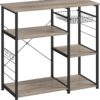 VASAGLE ALINRU Kitchen Baker’s Rack, Coffee Bar, Microwave Oven Stand, with Steel Frame, Wire Basket, 6 Hooks, for Mini Oven, Spices Utensils, Industrial, Greige and Black UKKS090B02