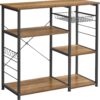 VASAGLE ALINRU Kitchen Baker’s Rack, Coffee Bar, Microwave Oven Stand, with Steel Frame, Wire Basket, 6 Hooks, for Mini Oven, Spices Utensils, Industrial, Rustic Walnut and Black UKKS090B41