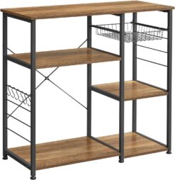 VASAGLE ALINRU Kitchen Baker’s Rack, Coffee Bar, Microwave Oven Stand, with Steel Frame, Wire Basket, 6 Hooks, for Mini Oven, Spices Utensils, Industrial, Rustic Walnut and Black UKKS090B41