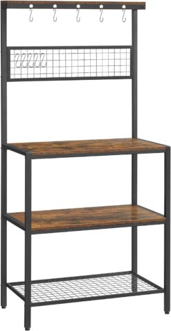 VASAGLE Bakers Rack, Coffee Bar, Kitchen Storage Shelf Rack with 10 Hooks, 3 Shelves, Adjustable Feet, for Microwave Oven, 15.7 x 33.1 x 66.9 Inches, Industrial, Rustic Brown and Black UKKS17BX