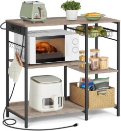 VASAGLE Baker's Rack, Coffee Bar Stand with Charging Station, Storage Shelves, Pull-Out Wire Basket, Table for Microwave, Kitchen, Greige UKKS036K02, 15.7 x 35.4 x 35.6 Inches