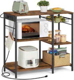 VASAGLE Baker's Rack, Coffee Bar Stand with Charging Station, Storage Shelves, Pull-Out Wire Basket, Table for Microwave, Kitchen, Rustic Brown UKKS036K01, 15.7 x 35.4 x 35.6 Inches