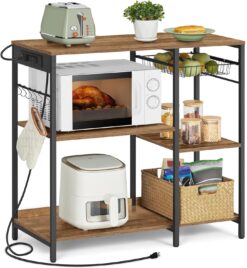VASAGLE Baker's Rack, Coffee Bar Stand with Charging Station, Storage Shelves, Pull-Out Wire Basket, Table for Microwave, Kitchen, Rustic Walnut UKKS036K41, 15.7 x 35.4 x 35.6 Inches