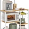 VASAGLE Baker's Rack, Microwave Stand, Kitchen Storage Rack with Wire Basket, 6 Hooks, and Shelves, for Spices, Pots, and Pans, Oak Beige and Classic White UKKS035W09, 15.7 x 35.4 x 52.8 Inches