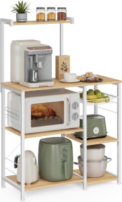 VASAGLE Baker's Rack, Microwave Stand, Kitchen Storage Rack with Wire Basket, 6 Hooks, and Shelves, for Spices, Pots, and Pans, Oak Beige and Classic White UKKS035W09, 15.7 x 35.4 x 52.8 Inches