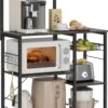 VASAGLE Baker's Rack, Microwave Stand with Wire Basket, 6 Hooks, and Shelves, for Spices, Pots, and Pans, Charcoal Gray and Black