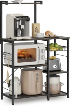 VASAGLE Baker's Rack, Microwave Stand with Wire Basket, 6 Hooks, and Shelves, for Spices, Pots, and Pans, Charcoal Gray and Black