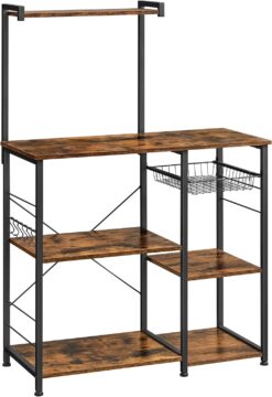 VASAGLE Baker's Rack, Microwave Stand with Wire Basket, 6 Hooks, and Shelves, for Spices, Pots, and Pans, Rustic Brown and Black UKKS35X