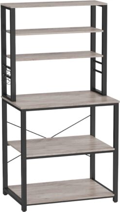 VASAGLE Coffee Bar, Baker’s Rack for Kitchen with Storage, 6-Tier Kitchen Shelves with 6 Hooks, Microwave Stand, Industrial, 15.7 x 23.6 x 65.7 Inches, Greige and Black UKKS024B02
