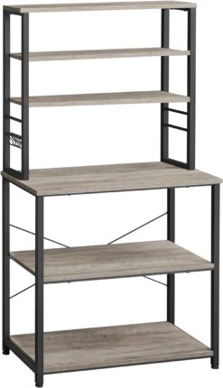 VASAGLE Coffee Bar, Baker’s Rack for Kitchen with Storage, 6-Tier Kitchen Shelves with 6 Hooks, Microwave Stand, Industrial, 15.7 x 31.5 x 65.7 Inches, Greige and Black UKKS019B02