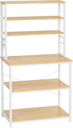 VASAGLE Coffee Bar, Baker’s Rack for Kitchen with Storage, 6-Tier Kitchen Shelves with 6 Hooks, Microwave Stand, Industrial, 15.7 x 31.5 x 65.7 Inches, Oak Colour and White UKKS019W09