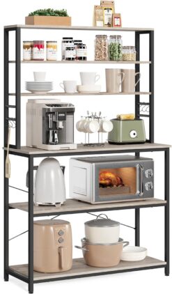VASAGLE Coffee Bar, Baker’s Rack for Kitchen with Storage, 6-Tier Kitchen Shelves with 6 Hooks, Microwave Stand, Industrial, 15.7 x 39.4 x 65.7 Inches, Greige and Black UKKS039K02