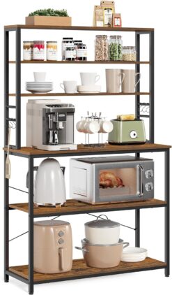 VASAGLE Coffee Bar, Baker’s Rack for Kitchen with Storage, 6-Tier Kitchen Shelves with 6 Hooks, Microwave Stand, Industrial, 15.7 x 39.4 x 65.7 Inches, Rustic Brown and Black UKKS039K01
