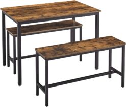 VASAGLE Dining Table Set, Bar Table with 2 Dining Benches, Kitchen Table Counter with Chairs, Industrial for Kitchen, Living Room, Party Room, Rustic Brown and Black UKDT070B01, 27.6 x 43.3 x 29.5 In