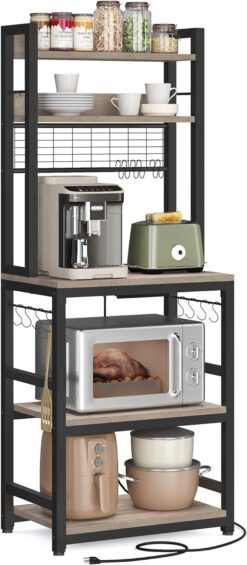 VASAGLE Hutch Bakers Rack with Power Outlet, 14 Hooks Microwave Stand, Adjustable Coffee Bar with Metal Wire Panel, Kitchen Storage Shelf, 15.7 x 23.6 x 66.9 Inches, Greige and Black UKKS037B02