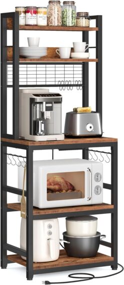 VASAGLE Hutch Bakers Rack with Power Outlet, 14 Hooks Microwave Stand, Adjustable Coffee Bar with Metal Wire Panel, Kitchen Storage Shelf, 15.7 x 23.6 x 66.9 Inches, Rustic Brown and Black UKKS037B01