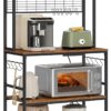 VASAGLE Hutch Bakers Rack with Power Outlet, 14 Hooks Microwave Stand, Adjustable Coffee Bar with Metal Wire Panel, Kitchen Storage Shelf, 15.7 x 31.5 x 66.9 Inches, Rustic Brown and Black UKKS025B01