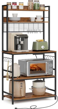 VASAGLE Hutch Bakers Rack with Power Outlet, 14 Hooks Microwave Stand, Adjustable Coffee Bar with Metal Wire Panel, Kitchen Storage Shelf, 15.7 x 31.5 x 66.9 Inches, Rustic Brown and Black UKKS025B01