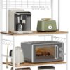VASAGLE Hutch Bakers Rack with Power Outlet, 14 Hooks Microwave Stand, Adjustable Coffee Bar with Metal Wire Panel, Kitchen Storage Shelf, 15.7 x 31.5 x 66.9 Inches, Rustic Walnut and White UKKS025W41