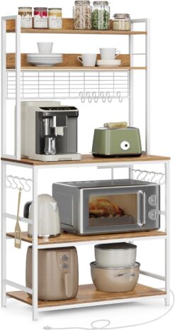VASAGLE Hutch Bakers Rack with Power Outlet, 14 Hooks Microwave Stand, Adjustable Coffee Bar with Metal Wire Panel, Kitchen Storage Shelf, 15.7 x 31.5 x 66.9 Inches, Rustic Walnut and White UKKS025W41