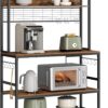 VASAGLE Hutch Bakers Rack with Power Outlet, 14 Hooks Microwave Stand, Adjustable Coffee Bar with Metal Wire Panel, Kitchen Storage Shelf, 15.7 x 39.4 x 66.9 Inches, Rustic Brown and Black UKKS038B01