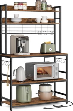 VASAGLE Hutch Bakers Rack with Power Outlet, 14 Hooks Microwave Stand, Adjustable Coffee Bar with Metal Wire Panel, Kitchen Storage Shelf, 15.7 x 39.4 x 66.9 Inches, Rustic Brown and Black UKKS038B01