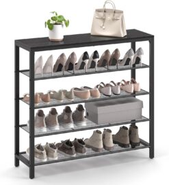 VASAGLE INDESTIC Shoe Rack, Shoe Organizer for Closet with 4 Mesh Shelves and Large Top for Bags, Entryway Hallway Shoe Shelf, Steel Frame, Industrial, Ebonized Oak and Dimgray ULBS015G42