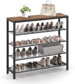 VASAGLE INDESTIC Shoe Rack, Shoe Organizer for Closet with 4 Mesh Shelves and Large Top for Bags, Entryway Hallway Shoe Shelf, Steel Frame, Industrial, Hazelnut Brown and Black ULBS015B03