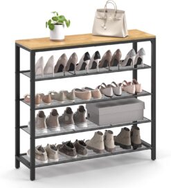 VASAGLE INDESTIC Shoe Rack, Shoe Organizer for Closet with 4 Mesh Shelves and Large Top for Bags, Entryway Hallway Shoe Shelf, Steel Frame, Industrial, Honey Brown and Black ULBS015B05