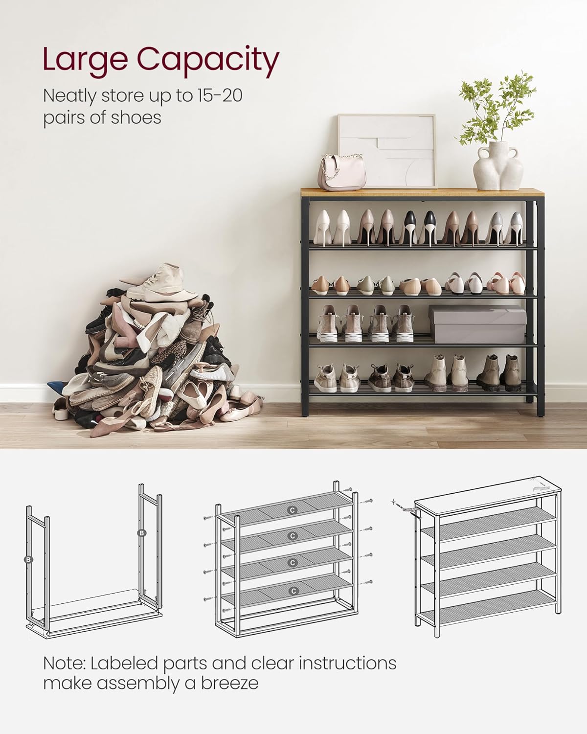 Metal 4 / 5 Shelf Shoe Rack Organizer - Large 4 / 5 Shelves Tiers