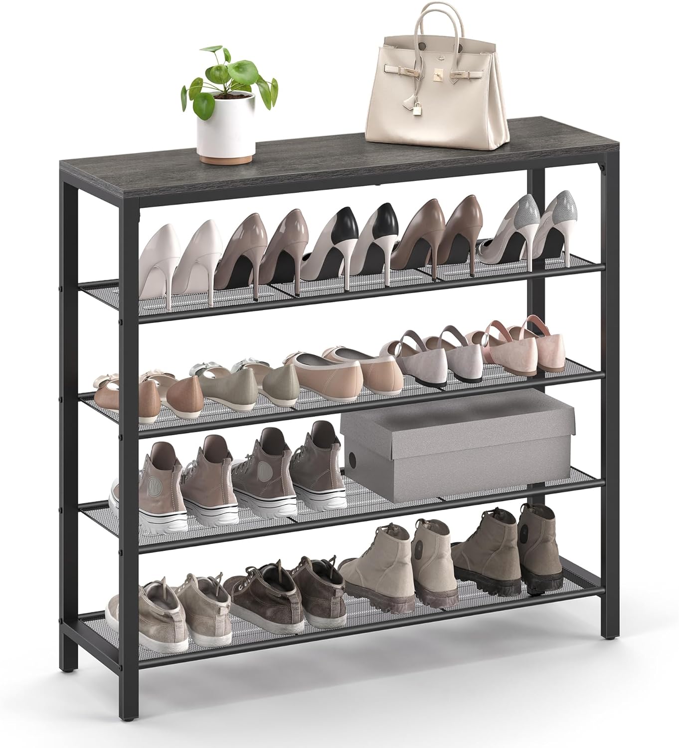 VASAGLE INDESTIC Shoe Rack, Storage Organizer with 4 Mesh Shelves and Large  Surface for Bags, Shoe Shelf for Entryway Hallway Closet, Steel Frame,  Industrial, Charcoal Gray and Black ULBS015B04
