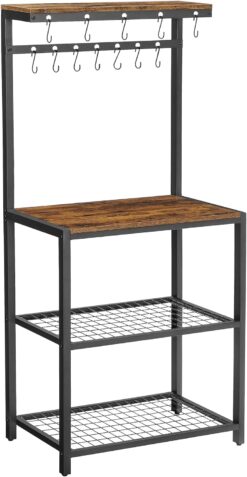 VASAGLE Kitchen Baker's Rack, Microwave Oven Stand with Storage Shelves, and 12 Hooks, Industrial, 15.7 x 23.6 x 59.6 Inches, Rustic Brown and Black UKKS021B01