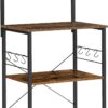 VASAGLE Kitchen Storage, Bakers Rack, Coffee Bar, 3-Tier Shelf, 6 S-Hooks, for Microwave, Spice Jars, Pots and Pans, Industrial, Rustic Brown and Black UKKS023B01