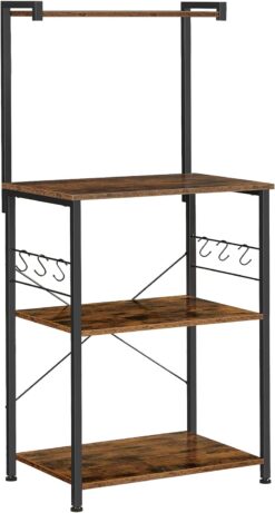 VASAGLE Kitchen Storage, Bakers Rack, Coffee Bar, 3-Tier Shelf, 6 S-Hooks, for Microwave, Spice Jars, Pots and Pans, Industrial, Rustic Brown and Black UKKS023B01