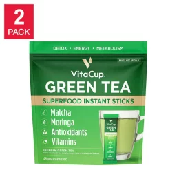 VitaCup Green Tea Instant Packets with Matcha, Enhance Energy & Detox, 2-pack (48-count total)