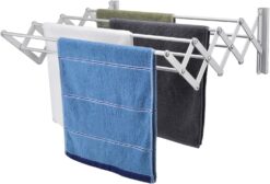 5-Rod Wall Mount Retractable Clothes Drying Rack - Space Saving Dryer Rack  for Balcony & Apartment Organization - White