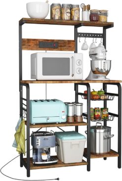 YILFANA Kitchen Bakers Rack with Power Outlet, Bakers Racks for Kitchen with Storage, Microwave Stand with Storage, Kitchen Rack and Shelves with 2 Wire Baskets, 10 S-Hooks, Kitchen Storage Shelves