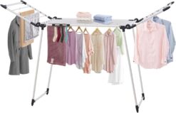 YUBELLES Clothes Drying Rack, Gullwing Laundry Rack, Collapsible, Space-Saving Laundry Rack, with Sock Clips, for Clothes, Towels, Linens, Indoor/Outdoor