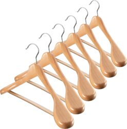 ZOBER High-Grade Wide Shoulder Wooden Hangers 10 Pack, Non Slip Pants Bar, Smooth Finish Wood Suit Hanger Coat Hanger for Closet, Holds Upto 20lbs, 360° Swivel Hook, for Dress Jacket, Heavy Clothes Hangers (Natural Wood)