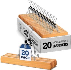 ZOBER High-Grade Wooden Pants Hangers with Clips 20 Pack Non Slip Skirt Hangers, Smooth Finish Solid Wood Jeans Slack Hanger - Clamp Hangers, Natural Wood
