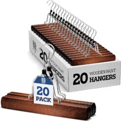 ZOBER High-Grade Wooden Pants Hangers with Clips 20 Pack Non Slip Skirt Hangers, Smooth Finish Solid Wood Jeans/Slack Hanger with 360° Swivel Hook - Pants Clip Hangers for Skirts, Slacks - Clamp Hangers, Vintage Wood, Vintage Wood