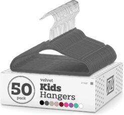 Zober Velvet Kids Hangers for Closet - Pack of 50 Non Slip Childrens Hangers for Shirts, Pants & Dresses w/Swivel Hook - Durable Kids Clothes Hanger w/Notches - Small Hangers - Gray