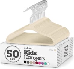 Zober Velvet Kids Hangers for Closet - Pack of 50 Non Slip Childrens Hangers for Shirts, Pants & Dresses w/Swivel Hook - Durable Kids Clothes Hanger w/Notches - Small Hangers - Ivory