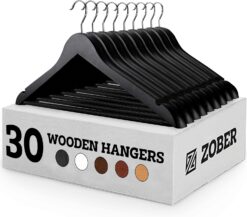 Zober Wooden Hangers 30 Pack - Non Slip Wood Clothes Hanger for Suits, Pants, Jackets w/Bar & Cut Notches - Heavy Duty Clothing Hanger Set - Coat Hangers for Closet - Black
